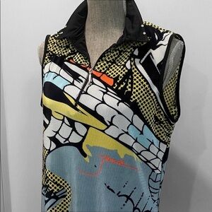 Jamie Sadock Zip Tank Top Graphic Pleated Stretch Blue Yellow Black Size Large